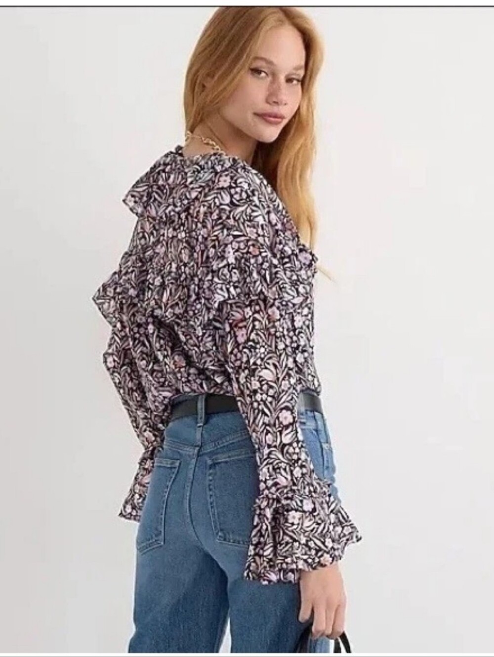 J. Crew Floral V-Neck Ruffle Blouse in Black and Pink